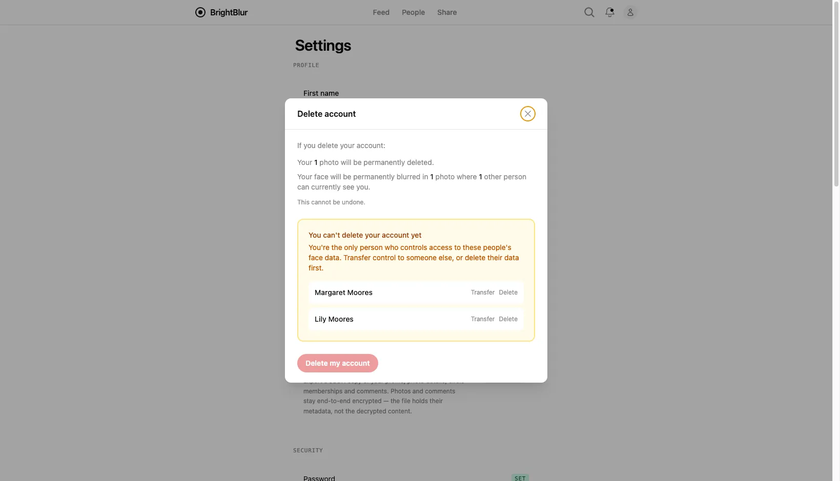 The account-deletion confirmation dialog