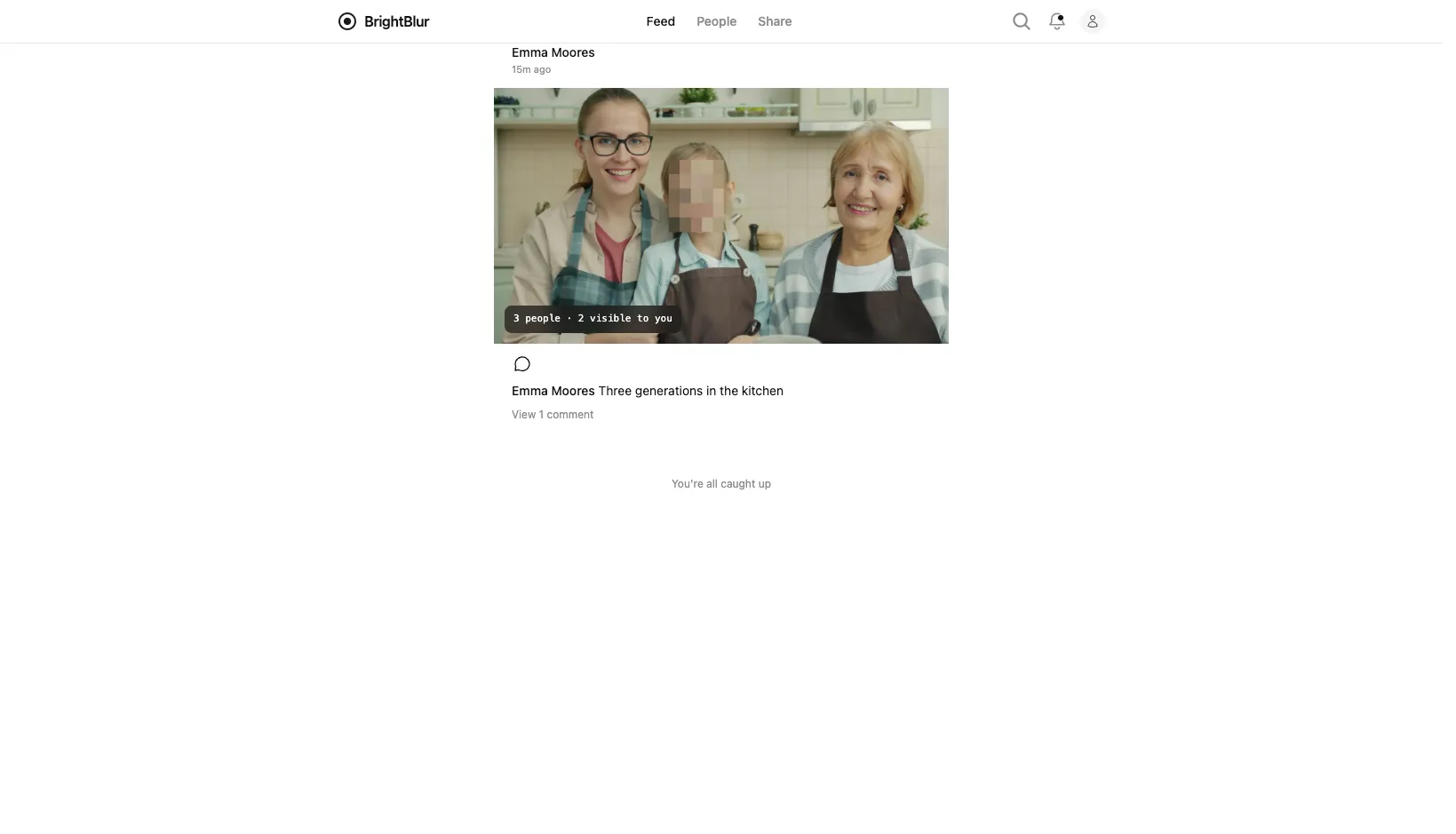 A photo in the BrightBlur feed with a face blurred for a viewer who doesn't have access