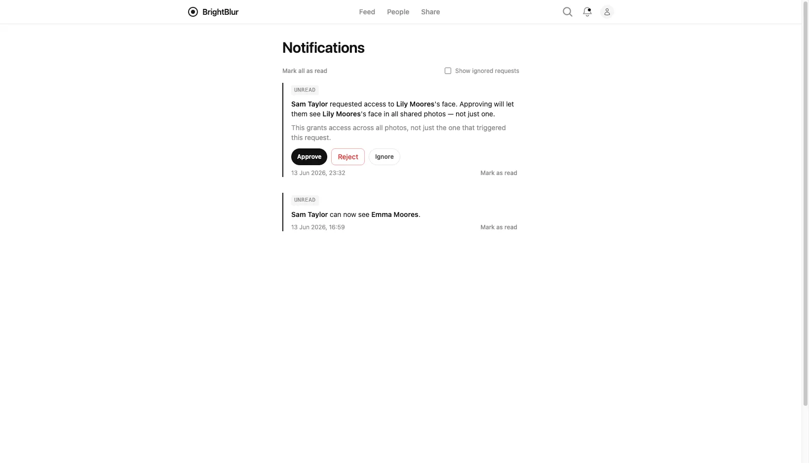 The notifications list