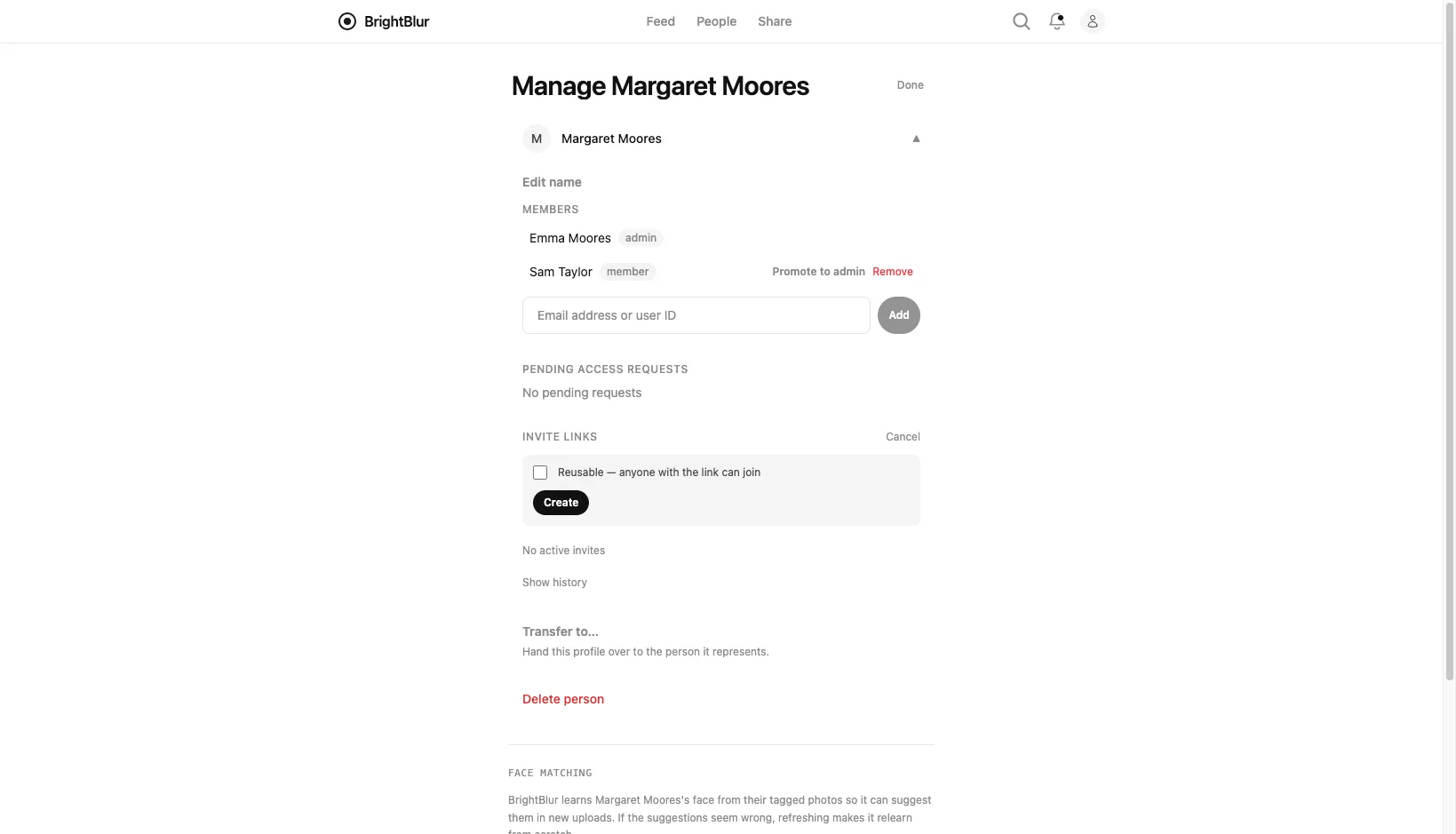 A person's settings, with invite links and members