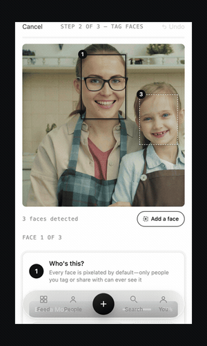 BrightBlur on a phone: a detected face is tagged as a person, the photo is published, and the face stays blurred for people without access while showing clearly for those who have it.